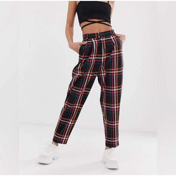 ASOS plaid tapered trousers high rise fall winter check pants size 4 preppy - Picture 3 of 9